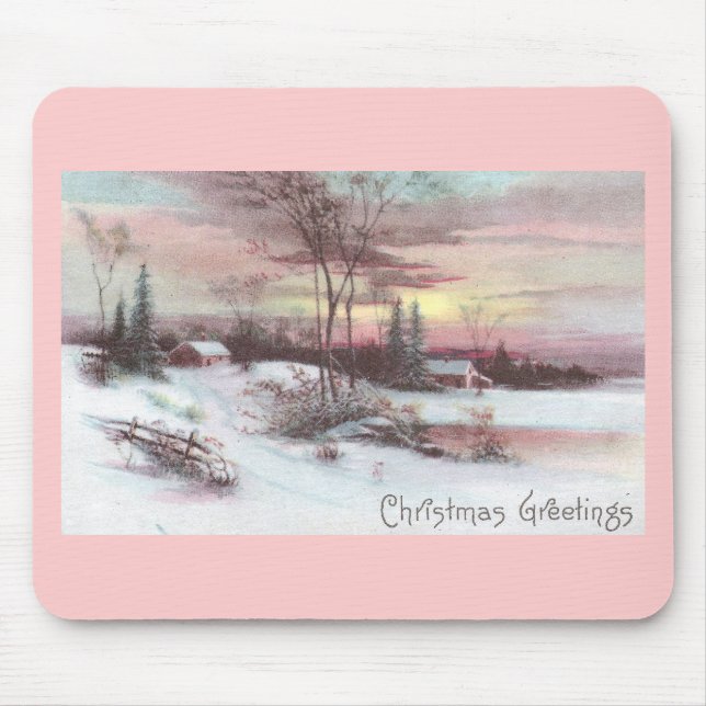 Idyllische Land-Winter-Szene mit rosa Mousepad (Vorne)