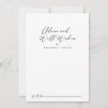 Idyllische, stylische Kalligraphie-Hochzeitsstimmu Hinweiskarte<br><div class="desc">Diese idyllische stylische Kalligraphie Hochzeit auch Wünsche Beratung Karte ist perfekt für eine rustikale Hochzeit. Das einfache und elegante Design zeichnet sich durch klassische und extravagante Schriftzeichen in Schwarz und Weiß aus. Diese Karten sind ideal für Hochzeiten, Brautparty, Babydusche, Graduiertenfest u.v.m. Personalisieren Sie die Karten mit den Namen der Braut...</div>