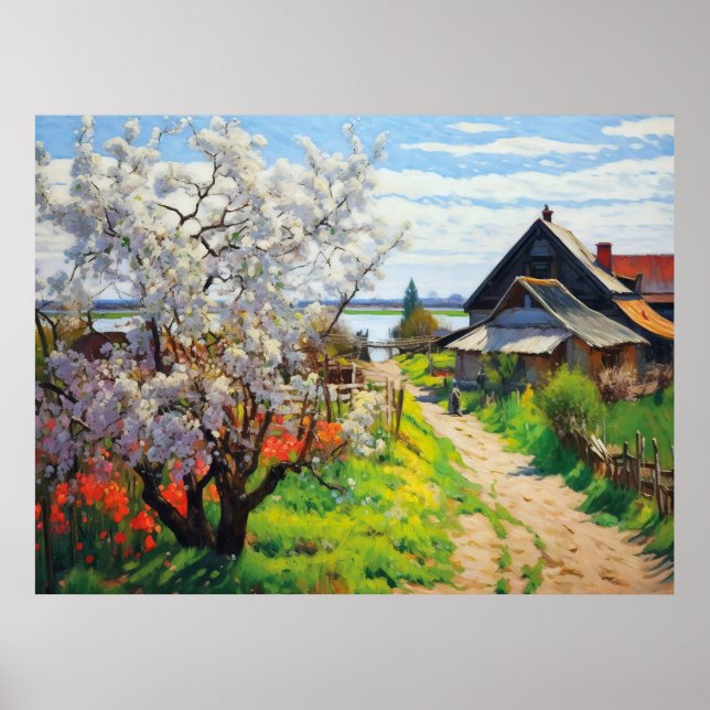 Idyllischer Frühlingsbauernhof Kirschblüten auf Sa Poster (Vorne)