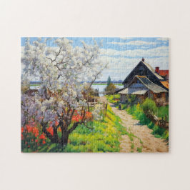 Idyllischer Frühlingsbauernhof Kirschblüten auf Sa Puzzle