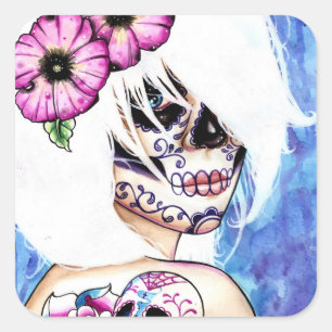 :ies Day of the Dead Sugar Skull Girl Quadratischer Aufkleber
