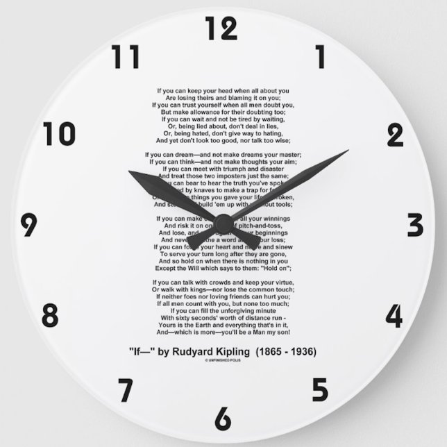 If- Gedicht von Rudyard Kipling (kein Kipling-Bild Runde Wanduhr (Clock featuring timeless inspirational poem "If-" by Rudyard Kipling)