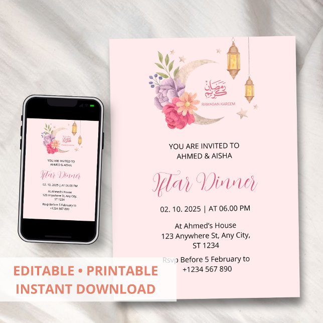 Iftar Abendessen Einladung Rmadan Rosa mit Mond (Von Creator hochgeladen)