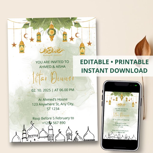 Iftar Dinner Einladung Rmadan Aquarell grün (Von Creator hochgeladen)