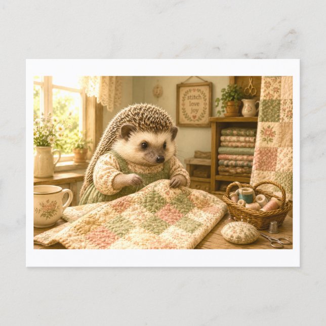 Igel als Quilter Postkarte (Vorderseite)