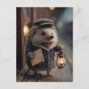 Igel als Schaffner im Vintage-Zug Postkarte