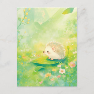 Igel auf grünem Blatt auf einer Frühlingswiese Postkarte