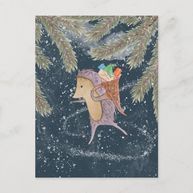 Igel auf Skiern. Körbchen mit Geschenk auf der Sch Postkarte (Vorderseite)