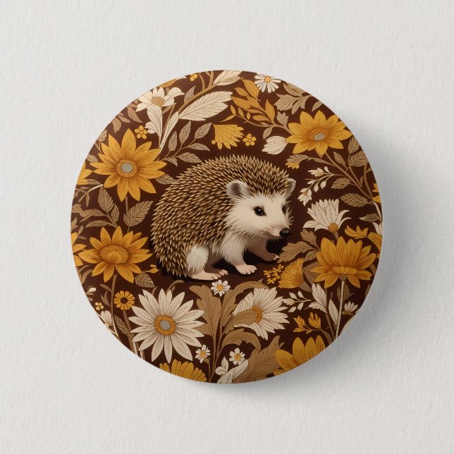 Igel Brown Floral William Morris Inspiriert Button (Vorderseite)
