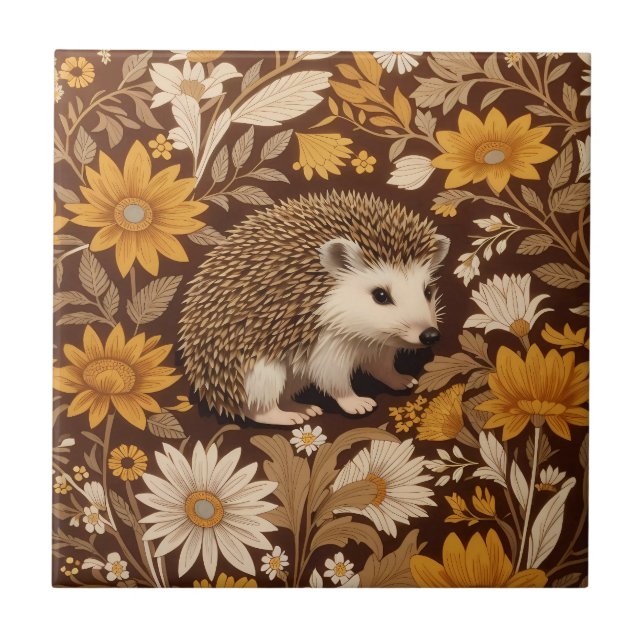Igel Brown Floral William Morris Inspiriert Fliese (Vorderseite)