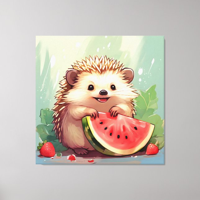 Igel, der ein Stück Wassermelone genießt Leinwanddruck (Vorderseite)