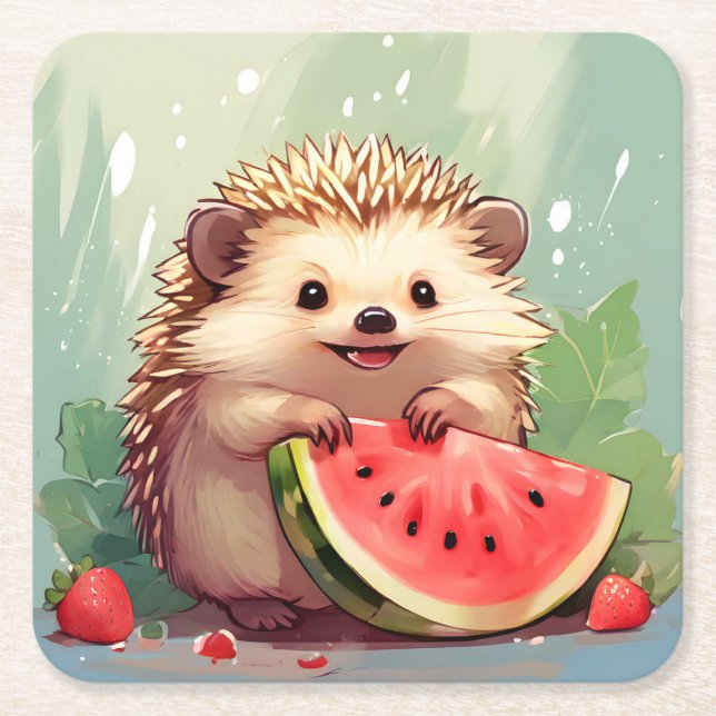 Igel, der ein Stück Wassermelone genießt Rechteckiger Pappuntersetzer (Vorderseite)