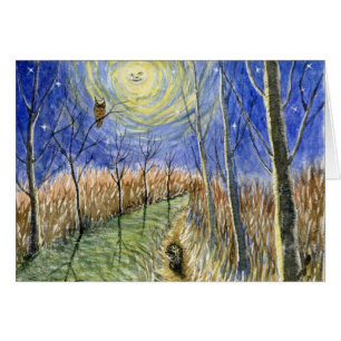 Igel, Eule, Mondund SterneWatercolor