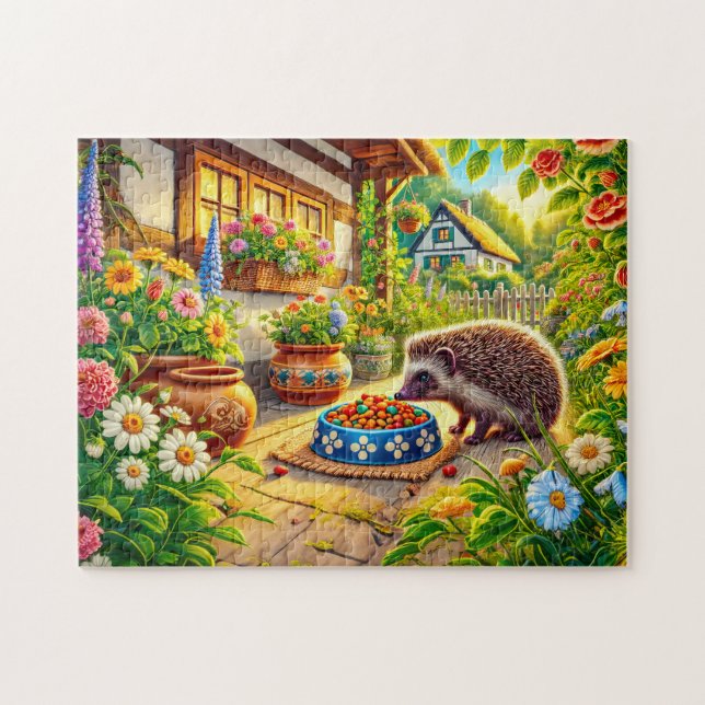 Igel frisst Katzenfutter auf der Terrasse Puzzle (Horizontal)