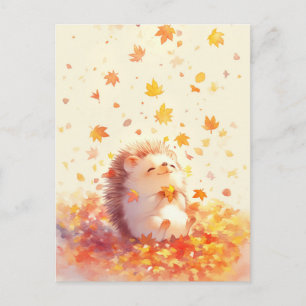 Igel hält gelbes Herbst-Ahornblatt Postkarte