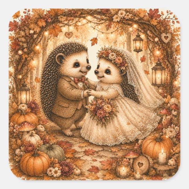 Igel Hochzeit Herbst Ersttanz Quadratischer Aufkleber (Vorderseite)