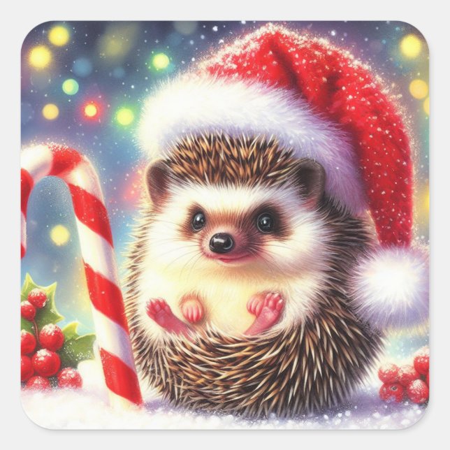 Igel Holiday Hedgie Geschenkklammer Quadratischer Aufkleber (Vorderseite)