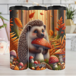 Igel im Herbst ein Pilz halten Thermosbecher