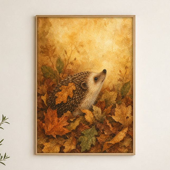 Igel im Herbstlaub Wasserfarbenposter Poster (Shown framed for scale. Poster ships unframed; frames are an optional add-on.)