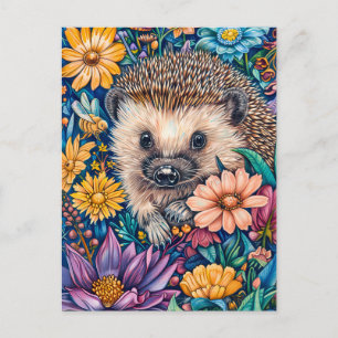 Igel in der blühenden Blume Bett Postkarte