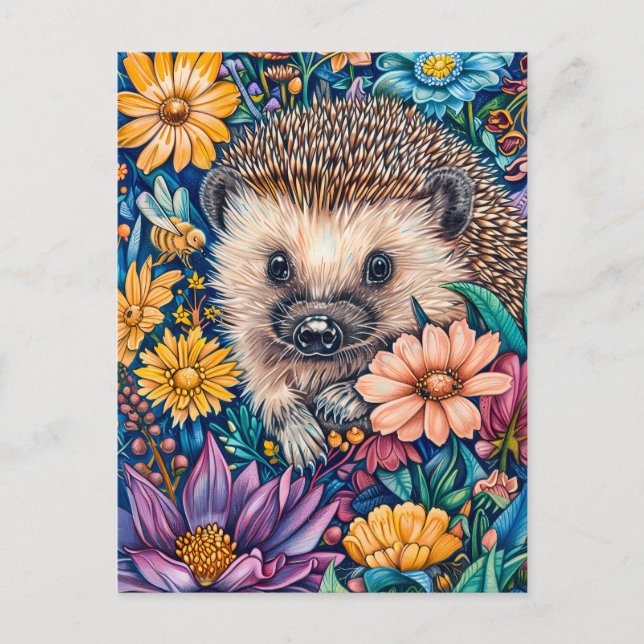 Igel in der blühenden Blume Bett Postkarte (Vorderseite)