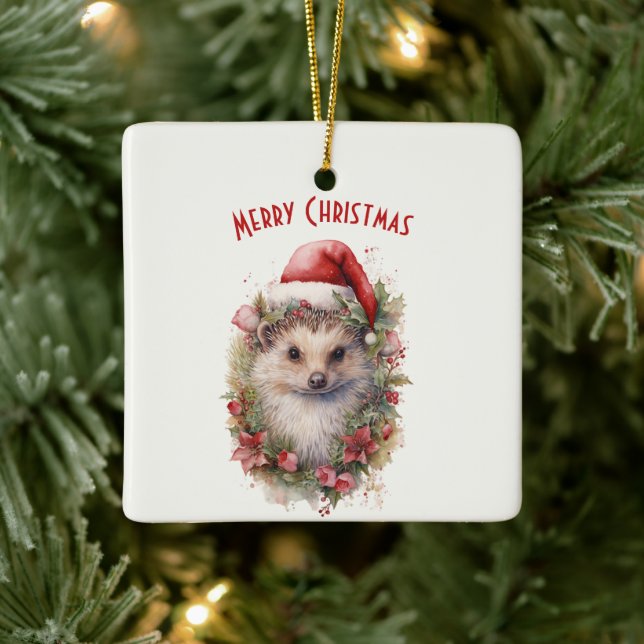 Igel in einer Weihnachtsmannmütze Red Poinsettia W Keramikornament (Baum)