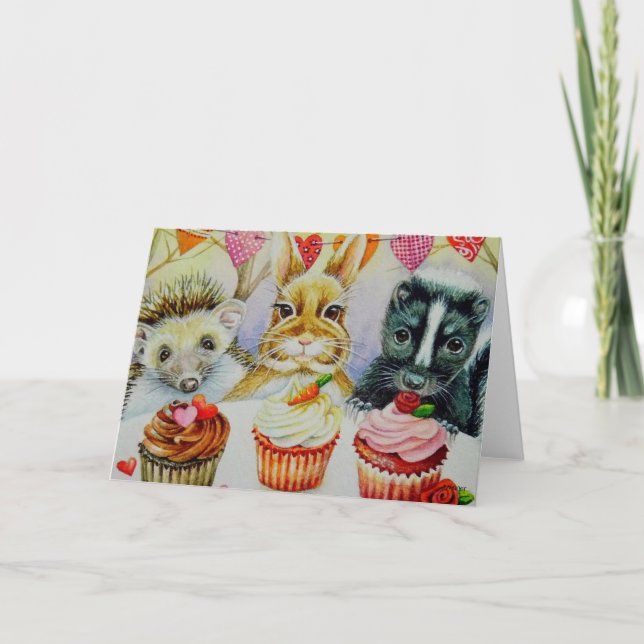 Igel Kaninchen Stinktier & Cupcakes Aquarell Kunst Karte (Vorderseite)