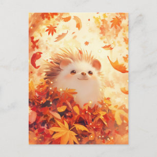 Igel lugt durch orange Herbst-Ahornblatt Postkarte
