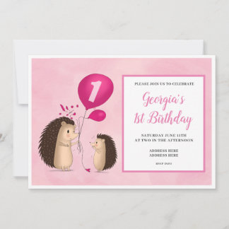 Igel mit Ballon - 1. Geburtstag - Rosa Einladung