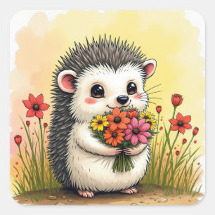 Igel mit Blume Bouquet Quadratischer Aufkleber