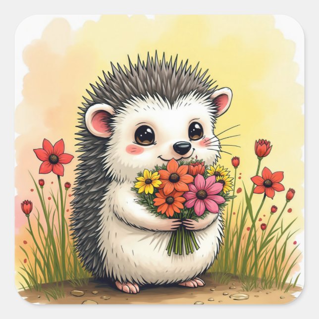 Igel mit Blume Bouquet Quadratischer Aufkleber (Vorderseite)