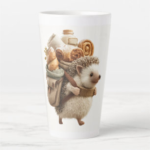 Igel mit einem mit Gebäck gefüllten Rucksack Milchtasse