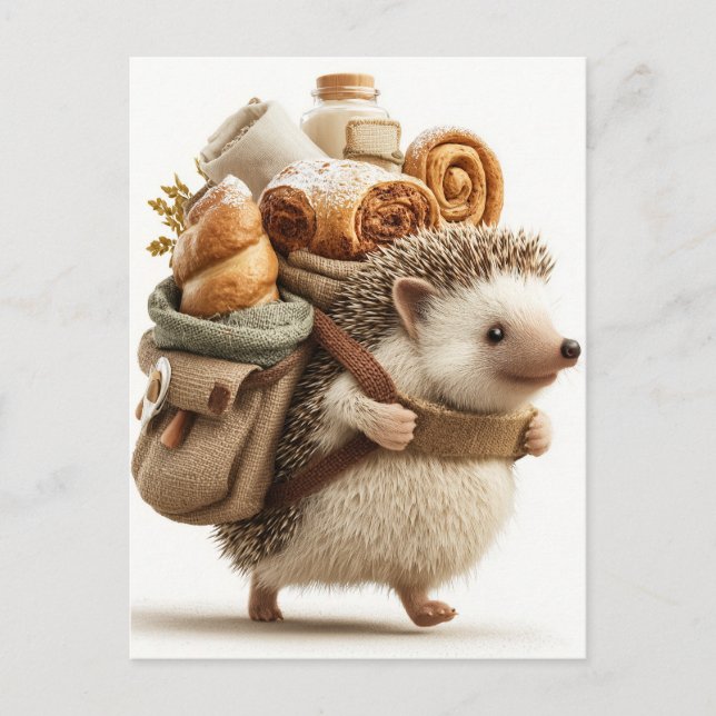 Igel mit einem mit Gebäck gefüllten Rucksack Postkarte (Vorderseite)