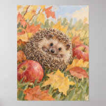 Igel mit Herbstlaub und Äpfeln Waldlandschaft Ar