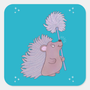 Igel mit Löwenzahn   Niedliche Volkskunst Natur Quadratischer Aufkleber