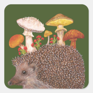 Igel mit Pilzaufklebern Quadratischer Aufkleber