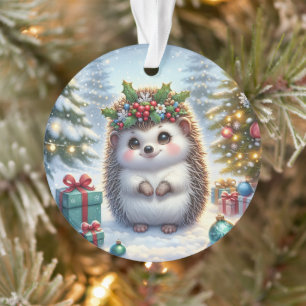 Igel mit Stechpalmenkranz und Baumlichtern Ornament