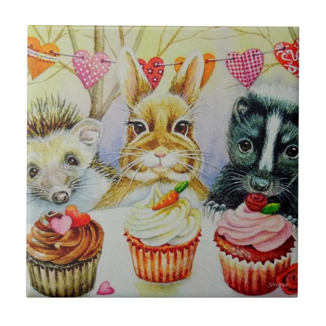Igel Rabbit Skunk & Cupcakes Fliese (Vorderseite)