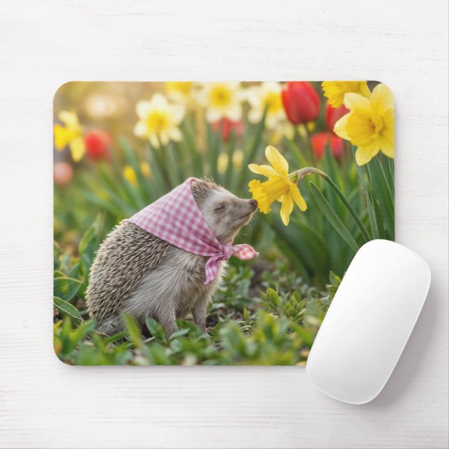 Igel riecht an einer gelben Narzisse Mousepad (Mit Mouse)