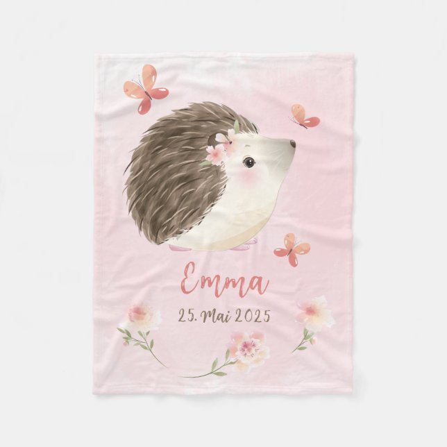 Igel rosa 2 - Aquarell-Design | personalisierbare Fleecedecke (Vorderseite)