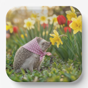 Igel schnuppert an einer gelben Daffodil Pappteller