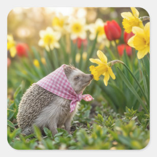 Igel schnuppert an gelber Narzisse Quadratischer Aufkleber