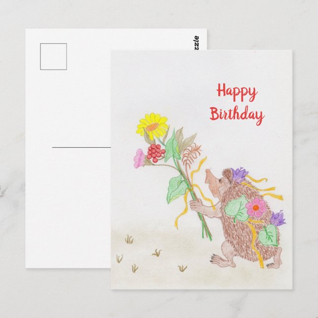 Igel und Blumenstrauß Postkarte (Vorne/Hinten)