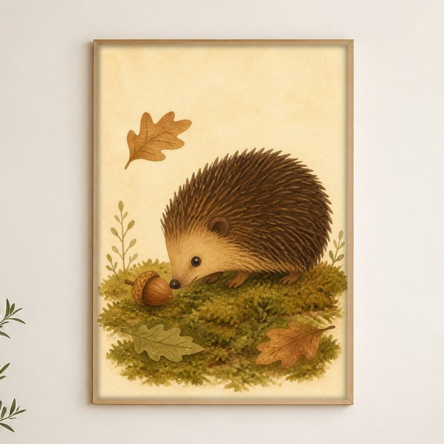 Igel und Eichel Aquarell Whimsical Poster (Shown framed for scale. Poster ships unframed; frames are an optional add-on.)