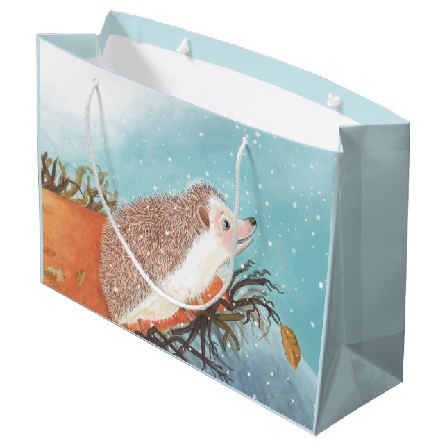 Igel und erste Schneeflocken Große Geschenktüte (Rückseite Schrägansicht)