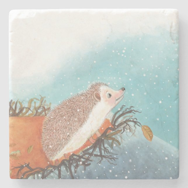 Igel und erste Schneeflocken Steinuntersetzer (Vorderseite)