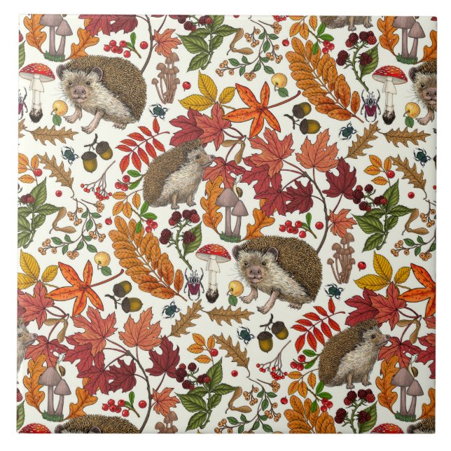 Igel und Herbstwaldflora auf Elfenbein Fliese (Vorderseite)