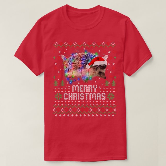 Igel Weihnachtsmannmütze Tier Weihnachtsbaum Licht T-Shirt (Design vorne)