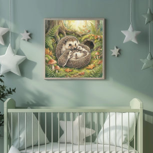 Igelmutter und ihre Babys-Kinderkrippe Poster