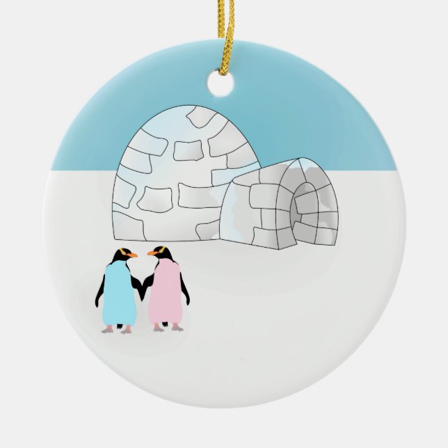 Iglu mit farbigen Pinguinen Keramik Ornament (Vorne)